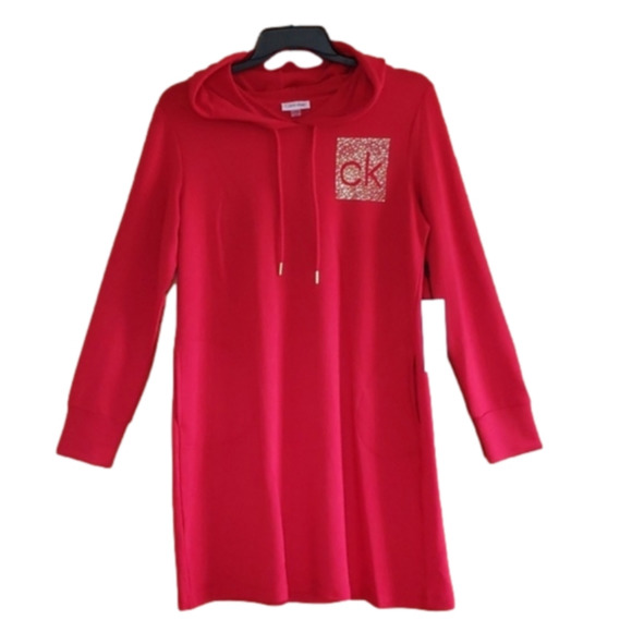 Calvin Klein Red and Gold Logo Studded Long Sleeves Hooded Dress Plus Size 3X - Picture 3 of 13